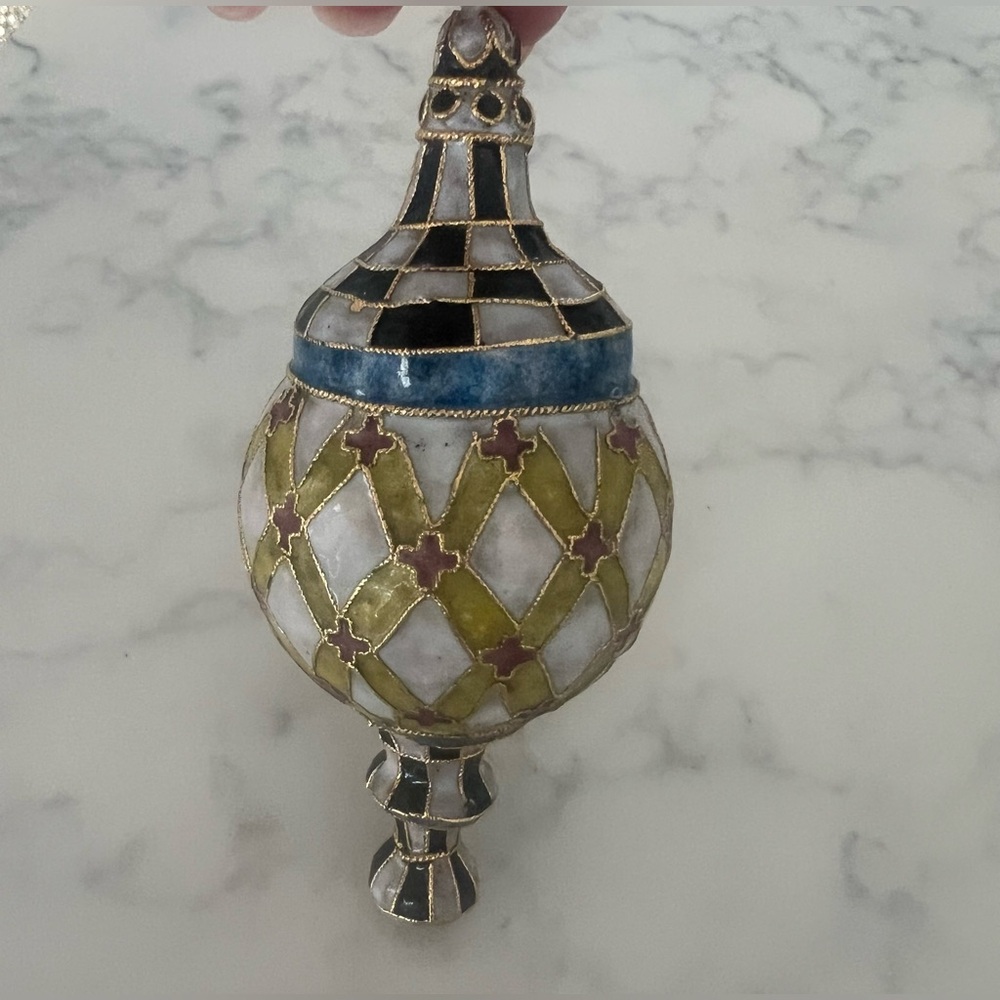 Vintage Fine Cloisonne Christmas Ornament Gold Colored Edging 5”
